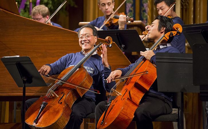 Ma shares a stand with a Civic musician during the Civic’s annual Bach Marathon, held in Fourth Presbyterian Church.