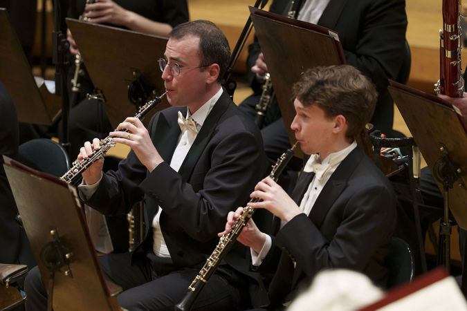 Close up of two CSO oboe players, one of them being William Welter
