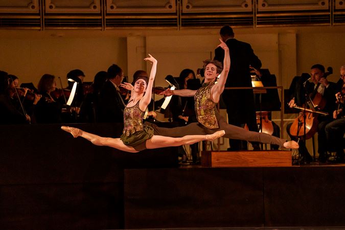 An action shot of The Joffrey Ballet dancers from Hall's world premiere choreography titled Second Nature