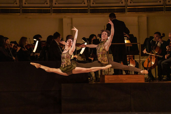 An action shot of The Joffrey Ballet dancers from Hall's world premiere choreography titled Second Nature