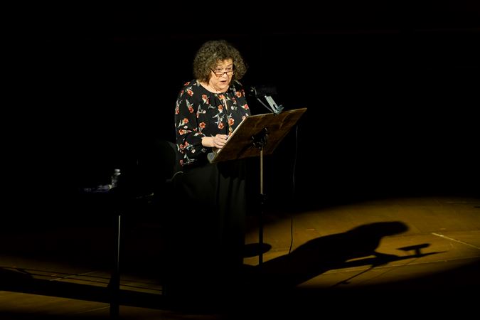 Closeup action of an actor (narrator) from The Goodman presenting The Soldier's Tale