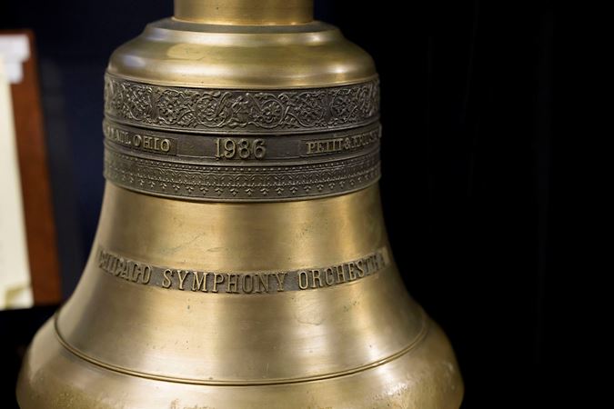 a close-up on one of the CSO's custom-cast bronze bells, rung off stage during the climactic fifth movement of Berlioz's Symphonie fantastique