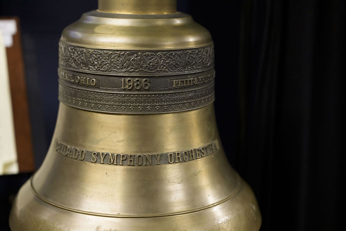 a close-up on one of the CSO's custom-cast bronze bells, rung off stage during the climactic fifth movement of Berlioz's Symphonie fantastique