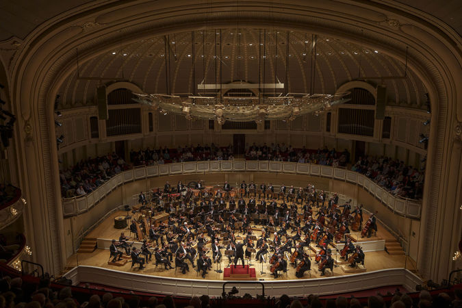 Wide shot of the CSO and conductor Jaap van Zweden