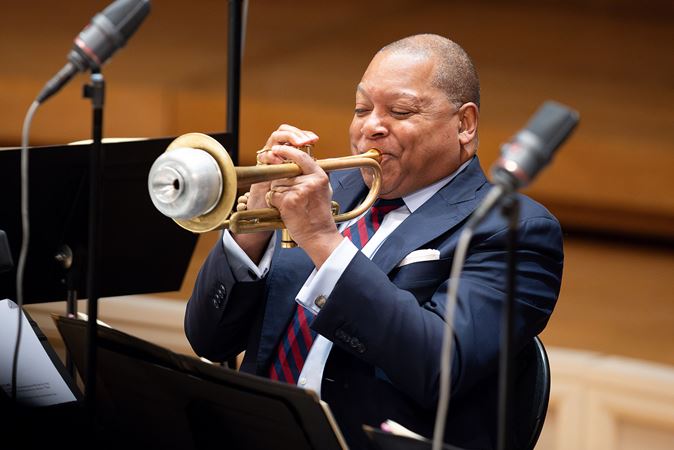 A closeup of trumpet player Wynton Marsalis