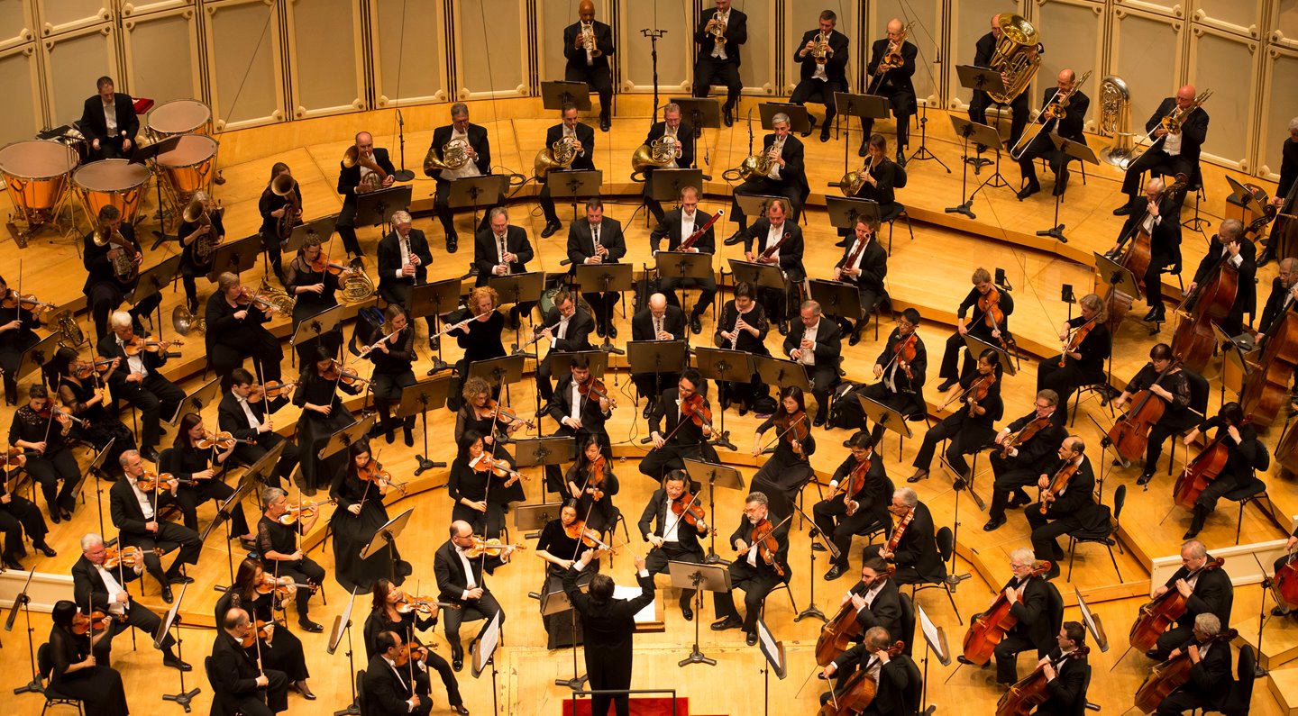 CSO and Muti perform in Orchestra Hall, aerial shot. 2016