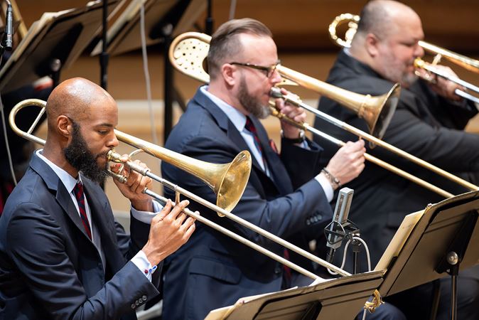 Group shot of Jazz at Lincoln Center Orchestra's trombone section