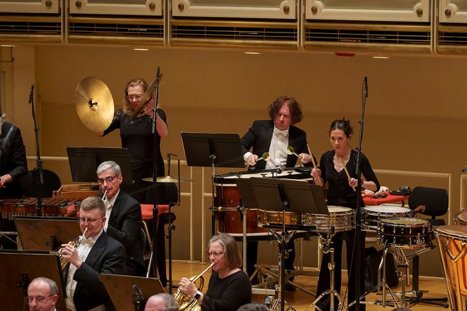 the CSO percussion section performs during Shostakovich's Eleventh Symphony