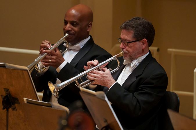 Closeup of CSO trumpet players Tage Larsen and Mark Ridenour