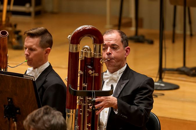 CSO Assistant Principal Bassoon William Buchman performs on contrabassoon during Brahms' Fourth Symphony