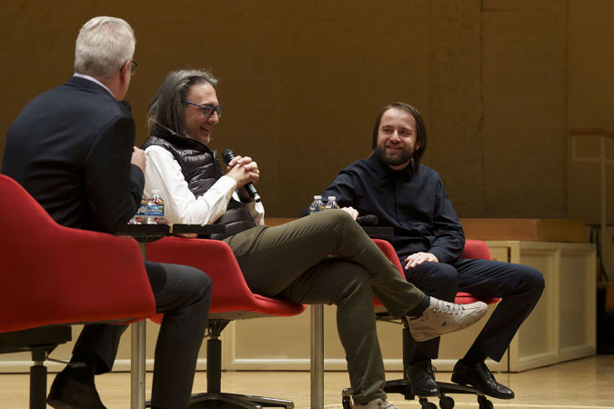 Leonidas Kavakos & Daniil Trifonov speaking on stage at a postconcert Q&A session