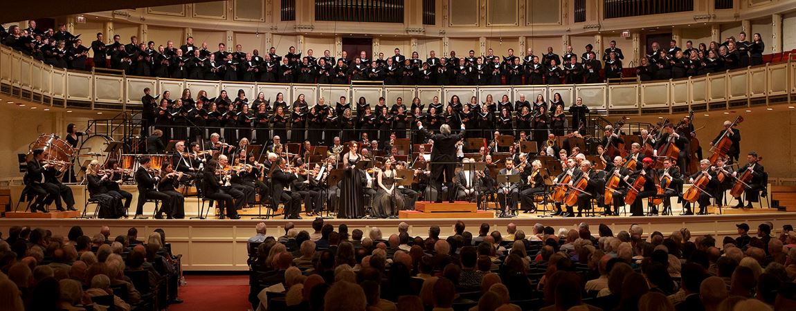 a panoramic view of the full Chicago Symphony Orchestra and Chorus and four vocal soloists, led by Maestro Riccardo Muti, mid-performance